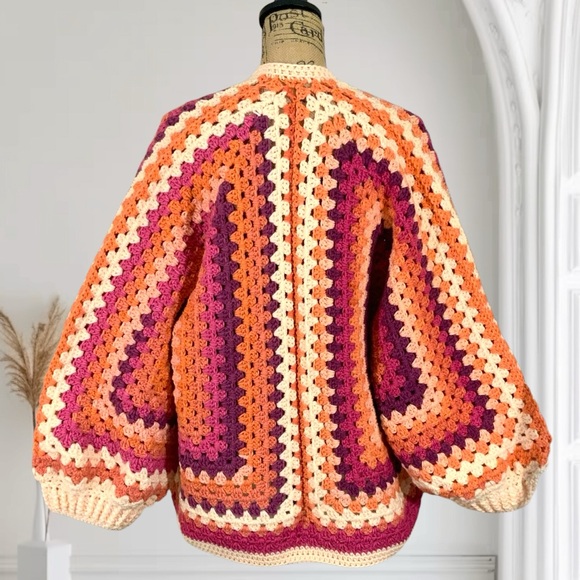 Handcrafted Crochet Granny Stitch Sweater Cardigan New Open Front Wide Sleeve - Picture 6 of 10